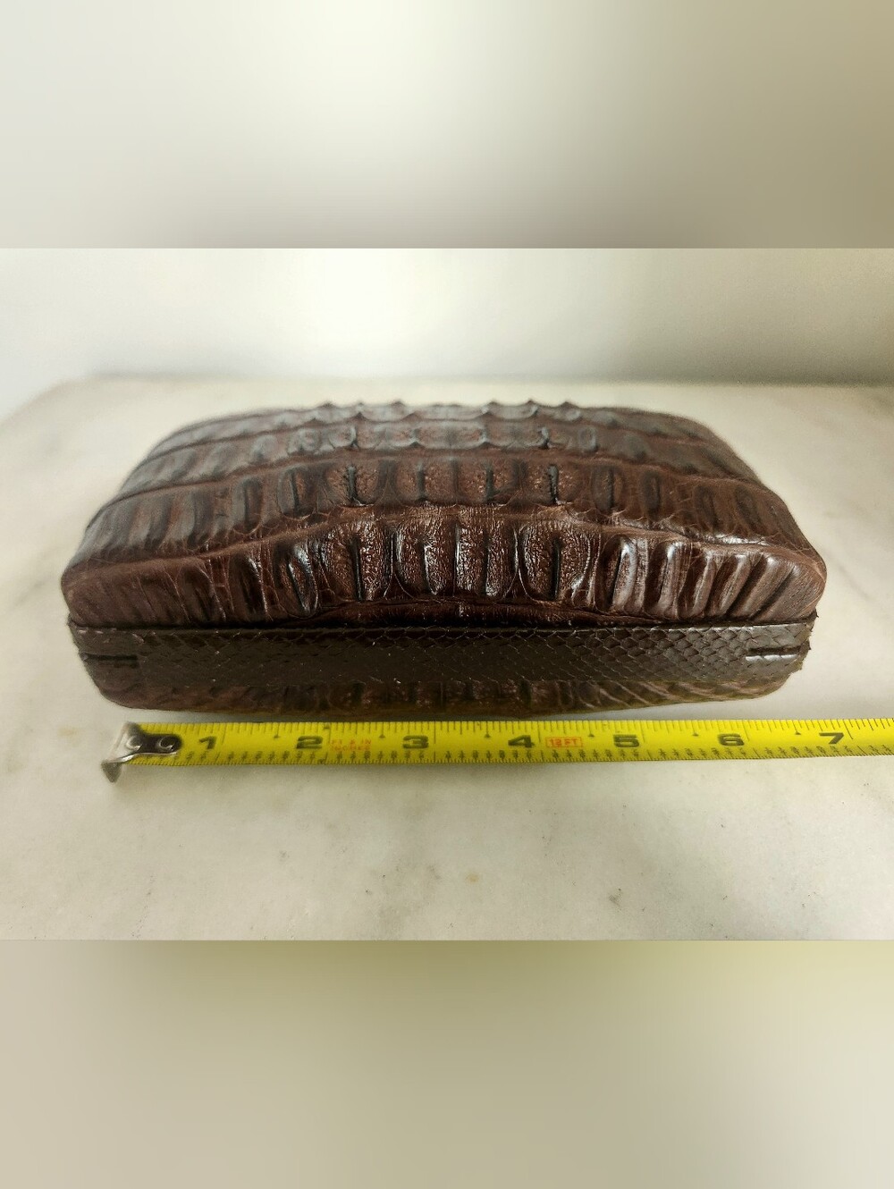 Brown Croc-Embossed Leather Snakeskin Make Up Case Clutch - Picture 7 of 10